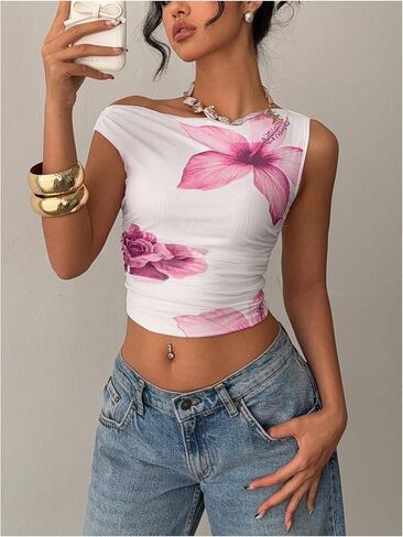 Milumia Women Floral One Off Shoulder Ruched Crop Tops Sleeveless Asymmetrical Neck Tank Top in Kuwait