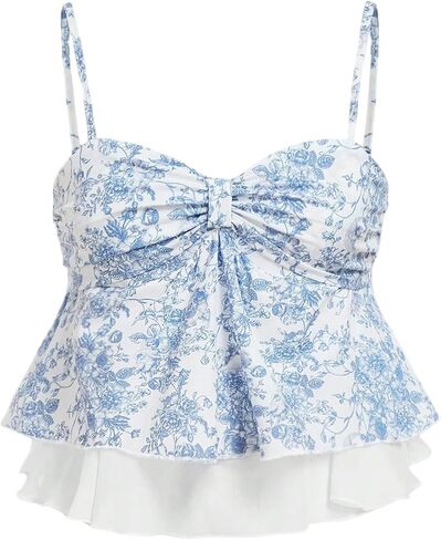 Wdirara Women's Leached Cami Carm Crop Tops Twist Front Smocked Smoocless Peplum Babydoll Top in Saudi Arabia