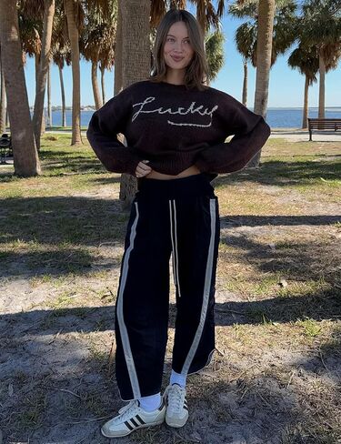 Wyeysyt Womens Wide Leg Pants Baggy Sweatpants Casual Drawstring Elastic Waist Contrast Color Y2K Track Pants in Kuwait
