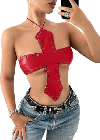 Makemechic Women's Pu Leather Top Top Top Halter Grommet Eyelet Y2K Out Out Out Tops in Kuwait