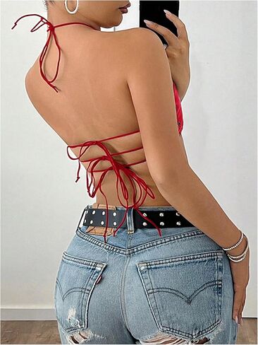 Makemechic Women's Pu Leather Top Top Top Halter Grommet Eyelet Y2K Out Out Out Tops in Kuwait
