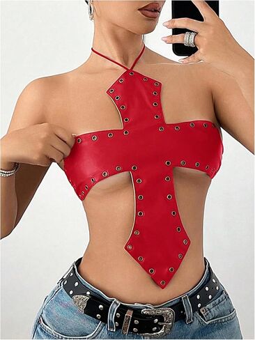 Makemechic Women's Pu Leather Top Top Top Halter Grommet Eyelet Y2K Out Out Out Tops in Kuwait