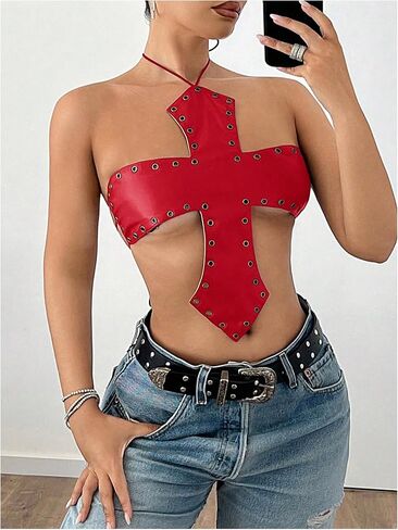 Makemechic Women's Pu Leather Top Top Top Halter Grommet Eyelet Y2K Out Out Out Tops in Kuwait