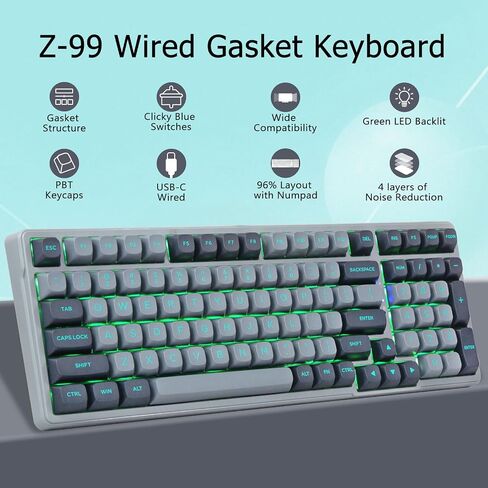 Wired Mechanical Gaming Keyboard, Creamy Sound, Pre-lubed Linear Switches, Gasket Structure with Sound Dampening Foam, Green LED Backlit RGB Side Light, 99 Keys Custom Keyboard for PC,Gray/Black in Saudi Arabia