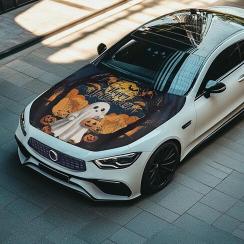 Halloween Design Car Hood Cover Protector 59×39 Inch Stretchable Auto Hood Wraps Waterproof Automotive Exterior Accessories for Most SUV Sedans Trucks in Kuwait
