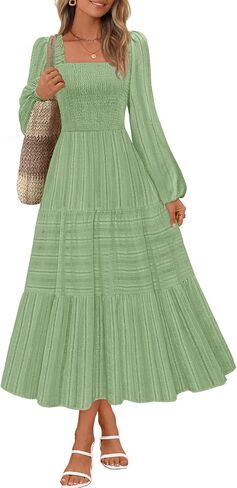 MEROKEETY Women's 2025 Long Sleeve Fall Dress Square Neck Smocked Flowy Tiered Casual Maxi Dresses with Pockets in Saudi Arabia