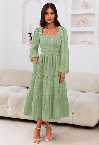 MEROKEETY Women's 2025 Long Sleeve Fall Dress Square Neck Smocked Flowy Tiered Casual Maxi Dresses with Pockets in Saudi Arabia