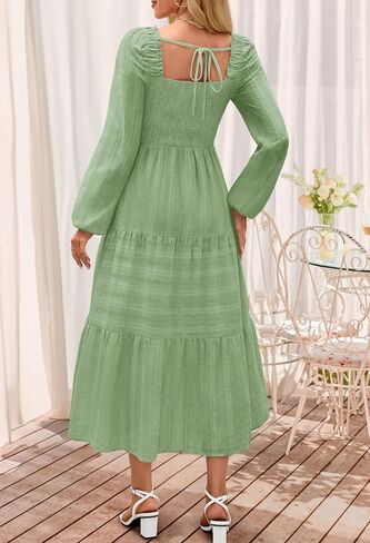 MEROKEETY Women's 2025 Long Sleeve Fall Dress Square Neck Smocked Flowy Tiered Casual Maxi Dresses with Pockets in Saudi Arabia