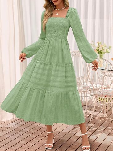 MEROKEETY Women's 2025 Long Sleeve Fall Dress Square Neck Smocked Flowy Tiered Casual Maxi Dresses with Pockets in Saudi Arabia