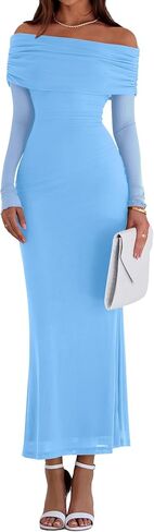 PRETTYGARDEN Off The Shoulder Dresses for Women 2025 Summer Mesh Long Sleeve Baby Shower Formal Wedding Guest Dress in Saudi Arabia