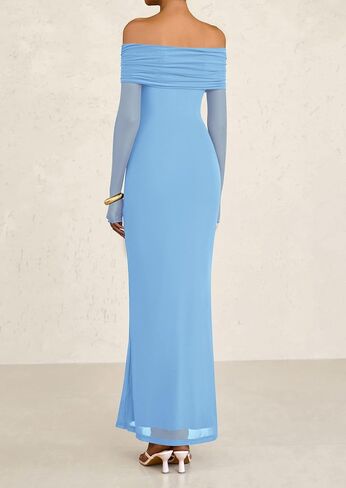 PRETTYGARDEN Off The Shoulder Dresses for Women 2025 Summer Mesh Long Sleeve Baby Shower Formal Wedding Guest Dress in Saudi Arabia