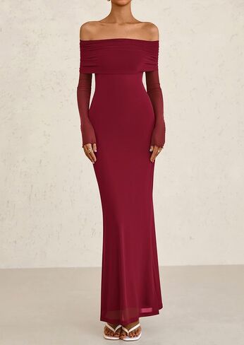 PRETTYGARDEN Off The Shoulder Dresses for Women 2025 Summer Mesh Long Sleeve Baby Shower Formal Wedding Guest Dress in Saudi Arabia