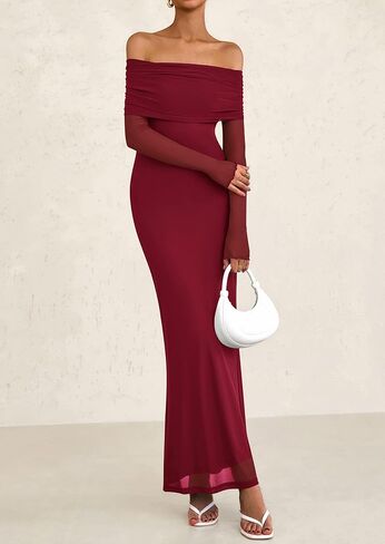 PRETTYGARDEN Off The Shoulder Dresses for Women 2025 Summer Mesh Long Sleeve Baby Shower Formal Wedding Guest Dress in Saudi Arabia