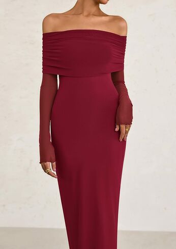 PRETTYGARDEN Off The Shoulder Dresses for Women 2025 Summer Mesh Long Sleeve Baby Shower Formal Wedding Guest Dress in Saudi Arabia