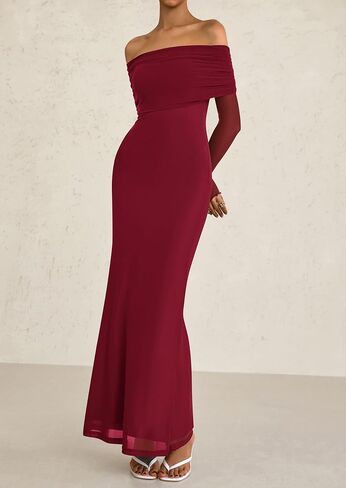 PRETTYGARDEN Off The Shoulder Dresses for Women 2025 Summer Mesh Long Sleeve Baby Shower Formal Wedding Guest Dress in Saudi Arabia