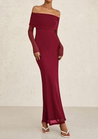 PRETTYGARDEN Off The Shoulder Dresses for Women 2025 Summer Mesh Long Sleeve Baby Shower Formal Wedding Guest Dress in Saudi Arabia