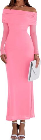 PRETTYGARDEN Off The Shoulder Dresses for Women 2025 Summer Mesh Long Sleeve Baby Shower Formal Wedding Guest Dress in Saudi Arabia