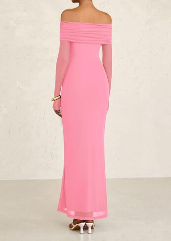 PRETTYGARDEN Off The Shoulder Dresses for Women 2025 Summer Mesh Long Sleeve Baby Shower Formal Wedding Guest Dress in Saudi Arabia