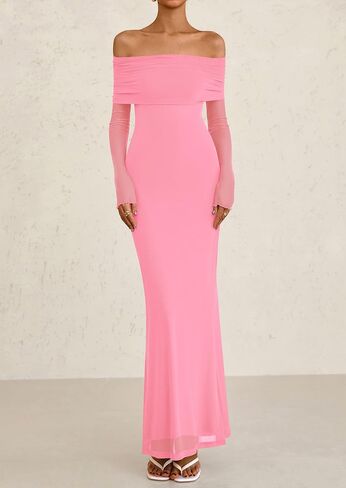 PRETTYGARDEN Off The Shoulder Dresses for Women 2025 Summer Mesh Long Sleeve Baby Shower Formal Wedding Guest Dress in Saudi Arabia