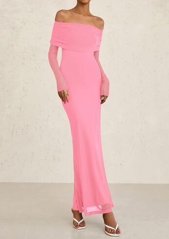 PRETTYGARDEN Off The Shoulder Dresses for Women 2025 Summer Mesh Long Sleeve Baby Shower Formal Wedding Guest Dress in Saudi Arabia
