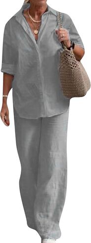 MAYRAIN Women 2 Piece Outfit Long Sleeve Oversized Comfort Pleated Tracksuits Laple Button Down Wide Leg Pants Lounge Sets in Saudi Arabia