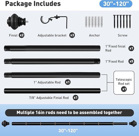 Black Curtain Rods for Windows 30 to 45 Inch, 1 Inch Decorative Heavy Duty Adjustable Curtain Rod with Lantern Ball Finials, Indoor/Outdoor Modern Single Window Rods, 30-45" in Kuwait