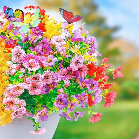 20 Bundles Artificial Flowers for Outdoors with 6 Faux Butterflies, UV Resistant Artificial Outdoor Plants Eucalyptus Silk Violet, Fake Flowers for Patio Garden Porch Home Decor (Orange Yellow) in Saudi Arabia