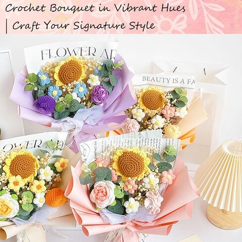 LuckyBundle Crochet Flower Bouquet - عباد الشمس المصنوع يدويًا ، وردة وخزانة مع أنفاس الطفل - عيد الأم المثالي ، والزفاف ، ومناسبة خاصة (تشمل حقيبة هدايا وبطاقة) in Saudi Arabia