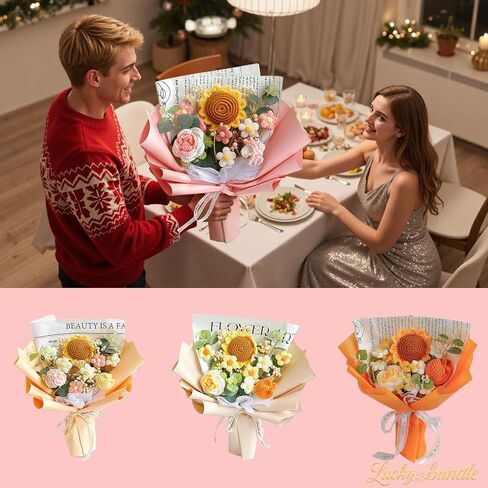 LuckyBundle Crochet Flower Bouquet - عباد الشمس المصنوع يدويًا ، وردة وخزانة مع أنفاس الطفل - عيد الأم المثالي ، والزفاف ، ومناسبة خاصة (تشمل حقيبة هدايا وبطاقة) in Saudi Arabia