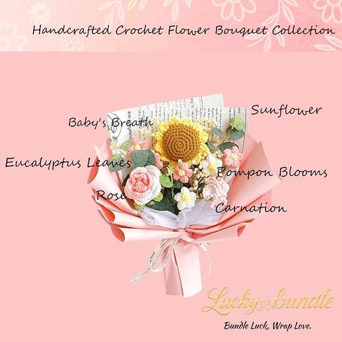 LuckyBundle Crochet Flower Bouquet - عباد الشمس المصنوع يدويًا ، وردة وخزانة مع أنفاس الطفل - عيد الأم المثالي ، والزفاف ، ومناسبة خاصة (تشمل حقيبة هدايا وبطاقة) in Saudi Arabia