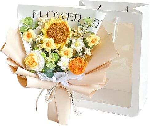 LuckyBundle Crochet Flower Bouquet - عباد الشمس المصنوع يدويًا ، وردة وخزانة مع أنفاس الطفل - عيد الأم المثالي ، والزفاف ، ومناسبة خاصة (تشمل حقيبة هدايا وبطاقة) in Saudi Arabia
