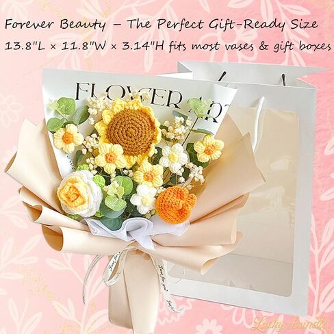 LuckyBundle Crochet Flower Bouquet - عباد الشمس المصنوع يدويًا ، وردة وخزانة مع أنفاس الطفل - عيد الأم المثالي ، والزفاف ، ومناسبة خاصة (تشمل حقيبة هدايا وبطاقة) in Saudi Arabia