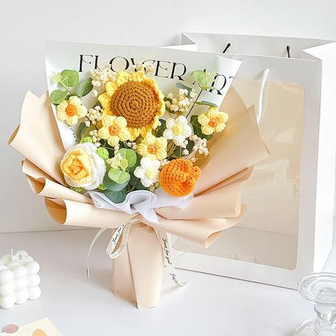 LuckyBundle Crochet Flower Bouquet - عباد الشمس المصنوع يدويًا ، وردة وخزانة مع أنفاس الطفل - عيد الأم المثالي ، والزفاف ، ومناسبة خاصة (تشمل حقيبة هدايا وبطاقة) in Saudi Arabia