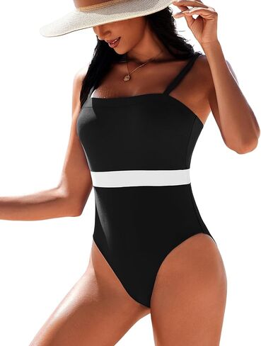 AI'MAGE Women's One Piece Swimsuit Square Neck Color Block Bathing Suit Tummy Control Swim Suits Vintage Retro Swimwear in Kuwait