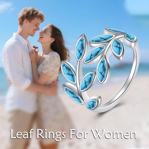 خاتم ورقة KZX للنساء S925 Sterling Silver Opal/Fringquoise Leaf Open Ring Jewelry Higds for Mother For Mother in Saudi Arabia
