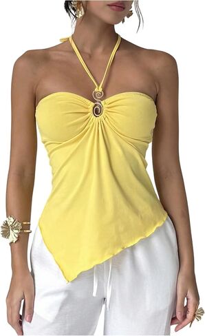 Milumia Women Boho Halter Tops Sleeveless Backless Asymmetrical Hem Solid Cami Tops in Saudi Arabia