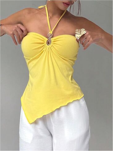 Milumia Women Boho Halter Tops Sleeveless Backless Asymmetrical Hem Solid Cami Tops in Saudi Arabia