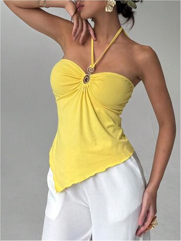 Milumia Women Boho Halter Tops Sleeveless Backless Asymmetrical Hem Solid Cami Tops in Saudi Arabia
