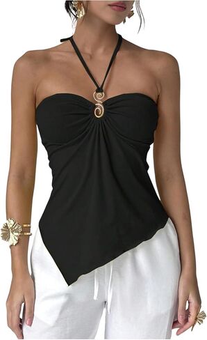 Milumia Women Boho Halter Tops Sleeveless Backless Asymmetrical Hem Solid Cami Tops in Saudi Arabia