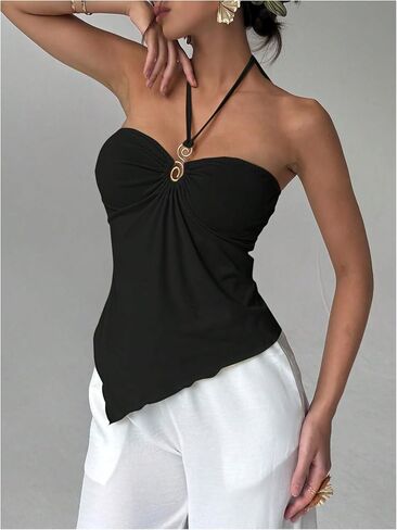 Milumia Women Boho Halter Tops Sleeveless Backless Asymmetrical Hem Solid Cami Tops in Saudi Arabia