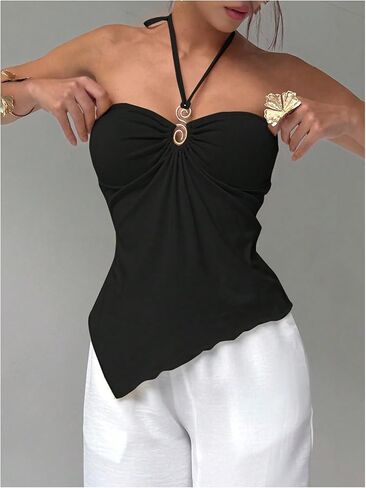 Milumia Women Boho Halter Tops Sleeveless Backless Asymmetrical Hem Solid Cami Tops in Saudi Arabia