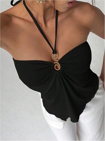 Milumia Women Boho Halter Tops Sleeveless Backless Asymmetrical Hem Solid Cami Tops in Saudi Arabia
