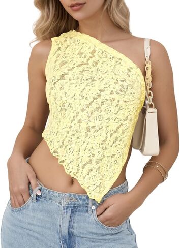 Women Backless One Shoulder Sheer Lace Tank Sexy Sleeveless See Through Asymmetrical Hem Bandage Tie Back Top in Kuwait