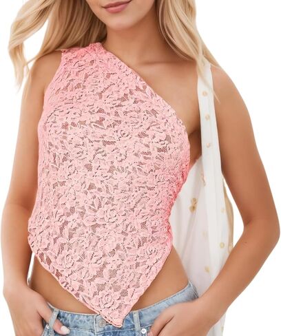 Women Backless One Shoulder Sheer Lace Tank Sexy Sleeveless See Through Asymmetrical Hem Bandage Tie Back Top in Kuwait