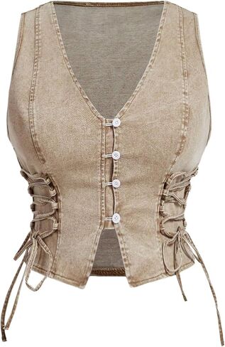 OYOANGLE Women's Plus Size Vintage Lace Up Denim Vest Top Button Front V Neck Jean Tank Tops in Saudi Arabia