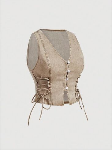 OYOANGLE Women's Plus Size Vintage Lace Up Denim Vest Top Button Front V Neck Jean Tank Tops in Saudi Arabia