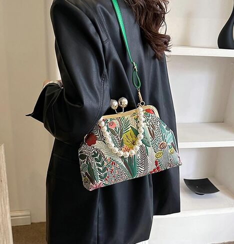 Vintage Embroidered Flower Handbag Retro Pearl Chain Crossbody Bag Clutch Kiss Lock Top Handle Shoulder Purse Wallet 2025 in Saudi Arabia