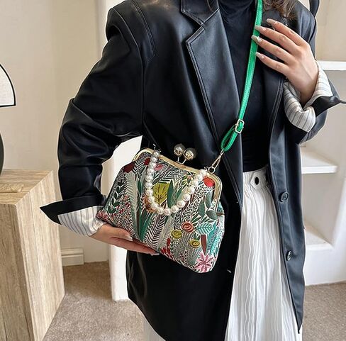 Vintage Embroidered Flower Handbag Retro Pearl Chain Crossbody Bag Clutch Kiss Lock Top Handle Shoulder Purse Wallet 2025 in Saudi Arabia
