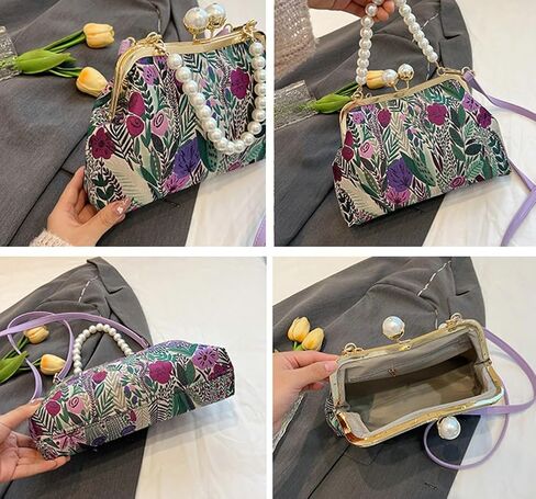 Vintage Embroidered Flower Handbag Retro Pearl Chain Crossbody Bag Clutch Kiss Lock Top Handle Shoulder Purse Wallet 2025 in Saudi Arabia