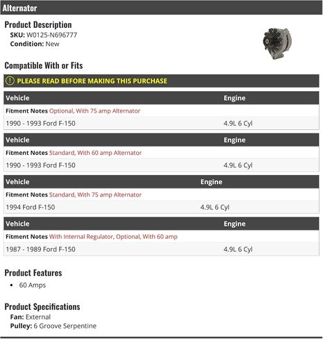 Alternator - 60 Amps - Compatible with 1987-1994 Ford F-150 4.9L 6-Cylinder in Saudi Arabia